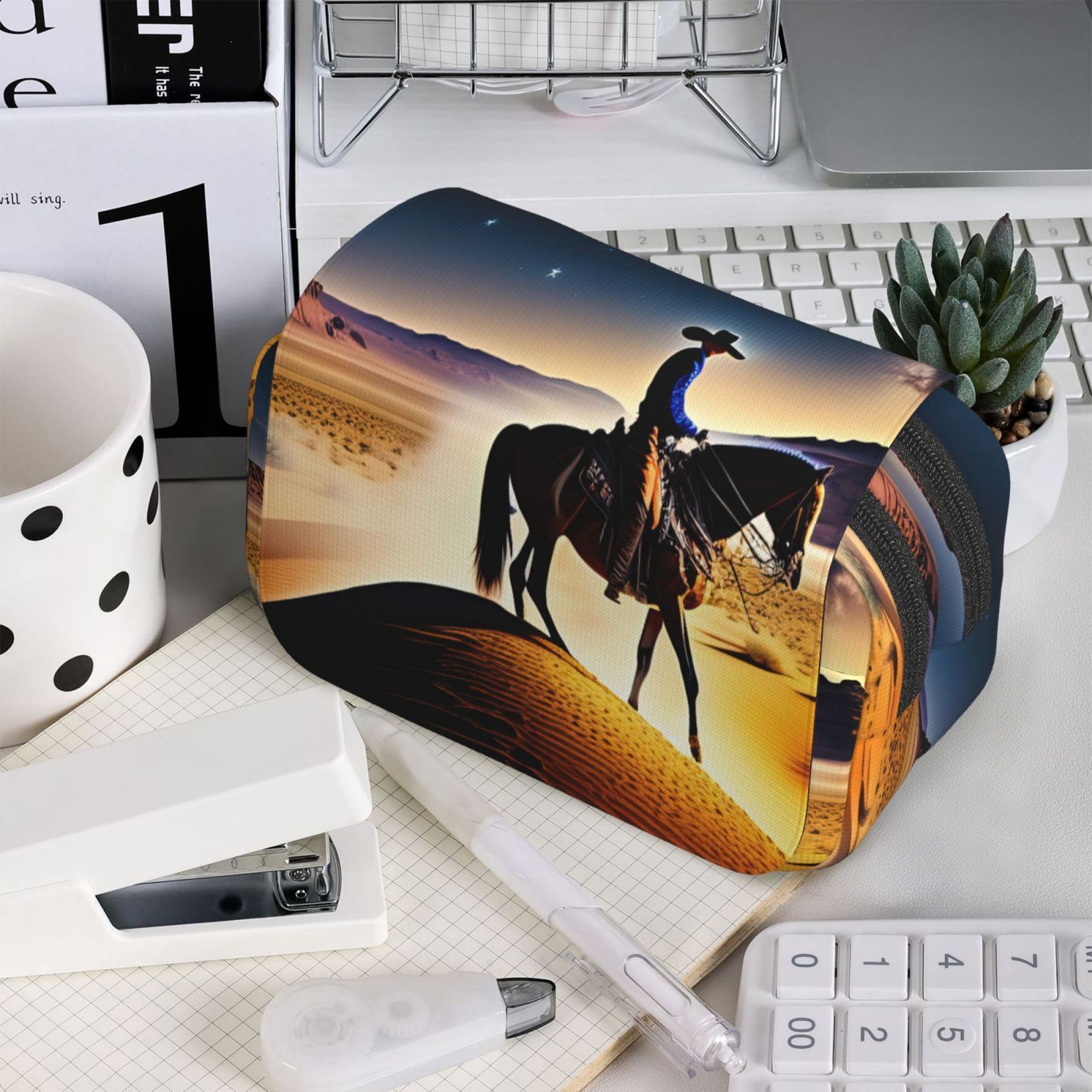 Rateoe Azure Sky Western Desert Cowboy Pattern Double Clamshell Pen Case, Storage Organizer with Two Zipper Compartments– Holds Up to 50 Pencils & Pens