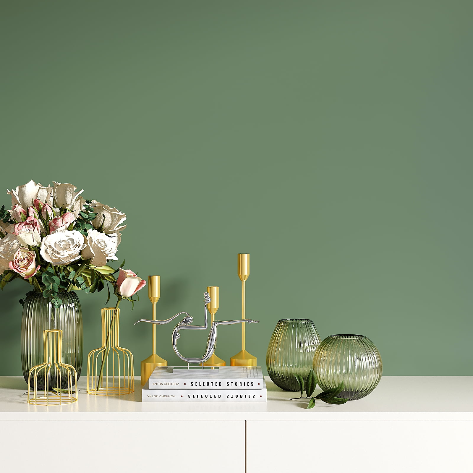 VEELIKE Vintage Green Wallpaper Self Adhesive Olive Green Contact Paper for Cabinets 15.7''x354" Green Peel and Stick Wallpaper for Bedroom Bathroom Removable Vinyl Wallpaper for Walls Countertop