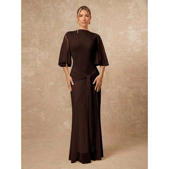 Womens Brown Boat Neck Flowy Mesh Long Sleeve Cinched Ribbon Maxi Dress
