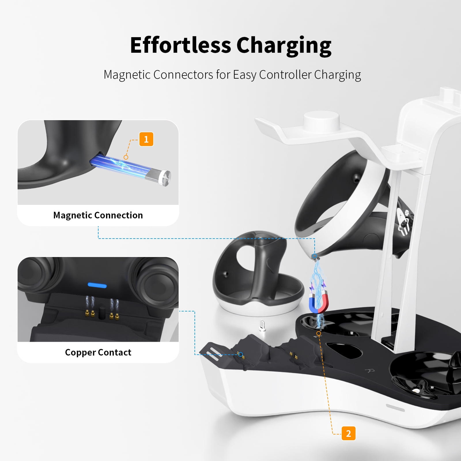 4-in-1 Controller Charging Station for PSVR2 and PS5, Dual Charging Dock with VR Headset Display Holder and Headphone Rack, LED-Charging Indicator, AC Power Adapter, RGB Lights, 3 Magnetic Connector