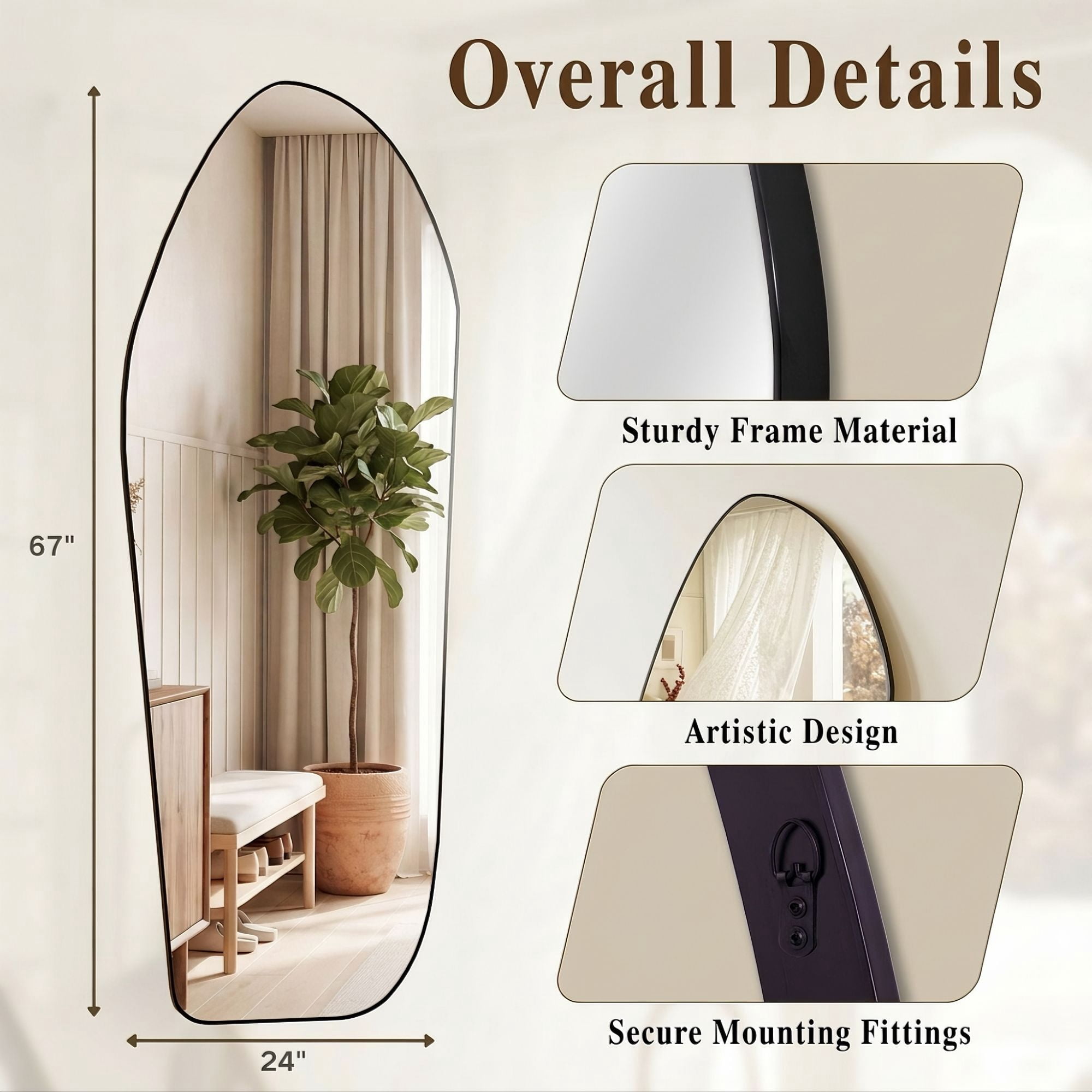 Easy4Home 67"x24" Irregular Full Length Mirror Decorative Standing Floor Mirror Wall Mounted, Black