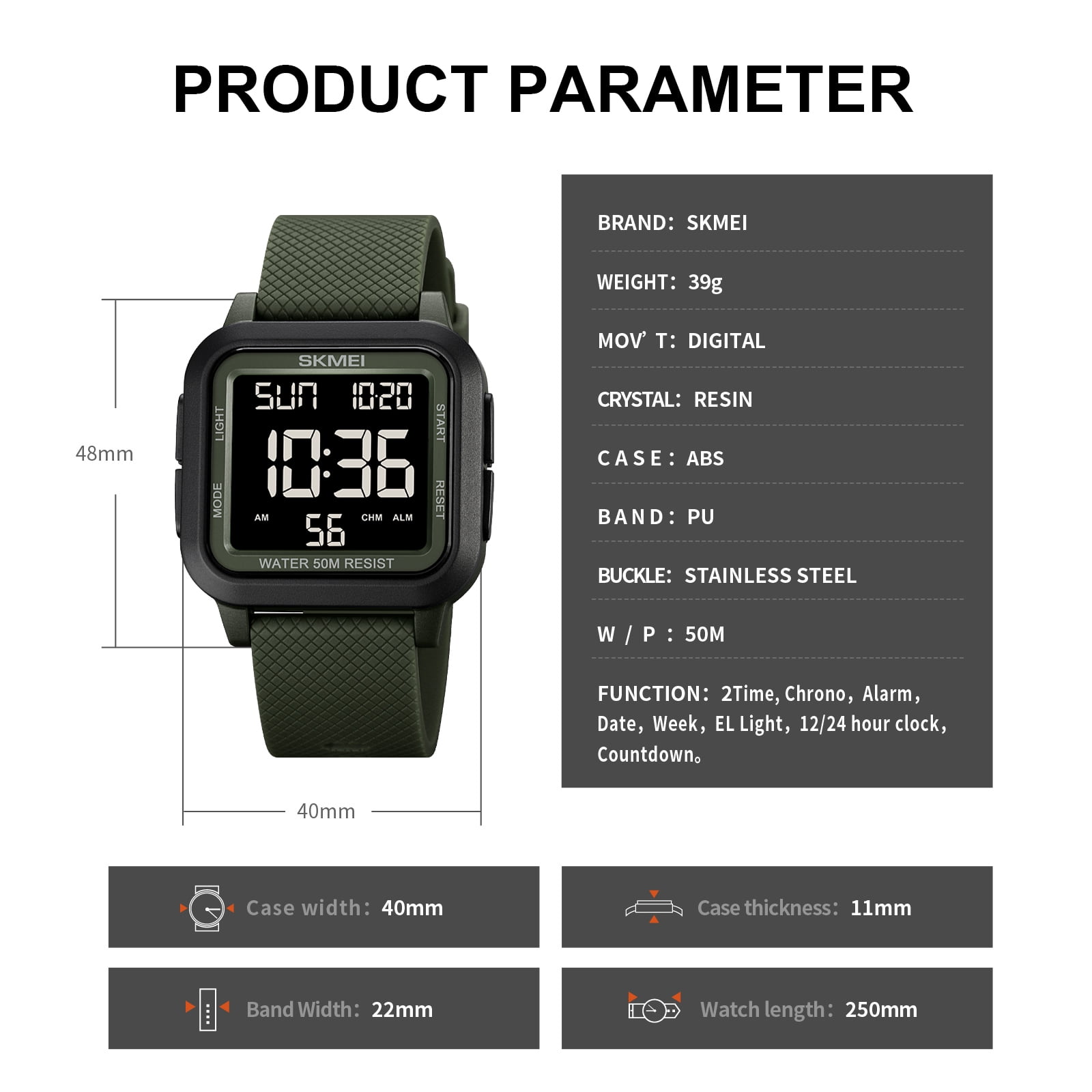 SKMEI Men Digital Sports Watch Ultra-Thin Large Face Waterproof Wrist Watches for Men with Stopwatch Countdown Timer Alarm Function Dual Time LED Back Light