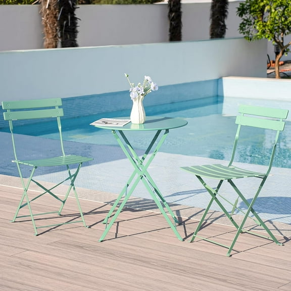 3 Piece Bistro Set, Folding Patio Furniture Set, Outdoor Table and Chairs Set for Patio, Garden, Balcony and Poolside, Green