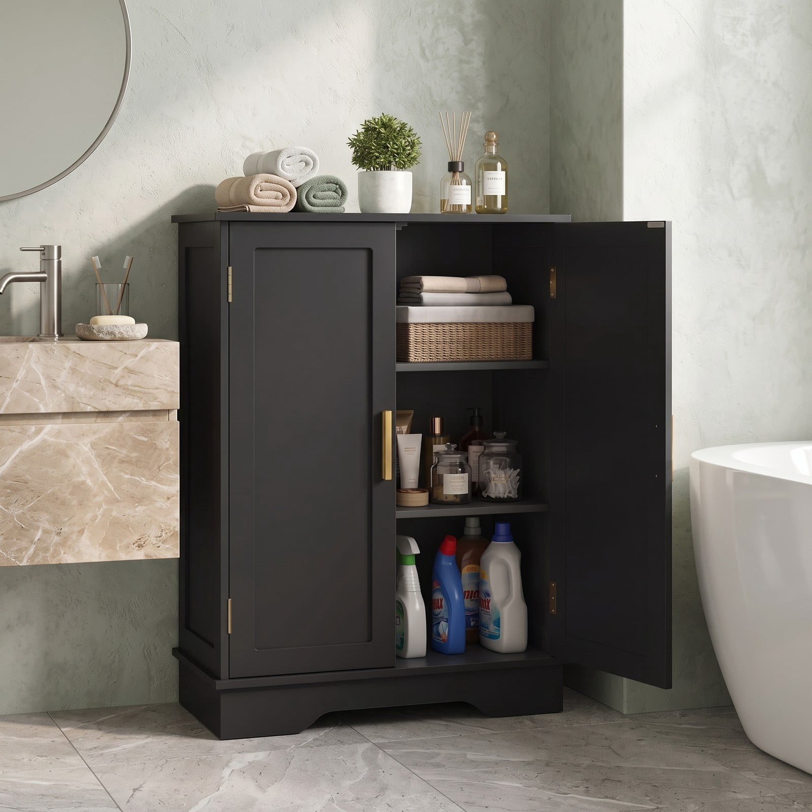Fenbeli Bathroom Floor Storage Cabinet, Freestanding 2-Door Side Cabinet with Adjustable Shelves and Countertop, Modern MDF Bathroom Organizer for Bathroom, Black