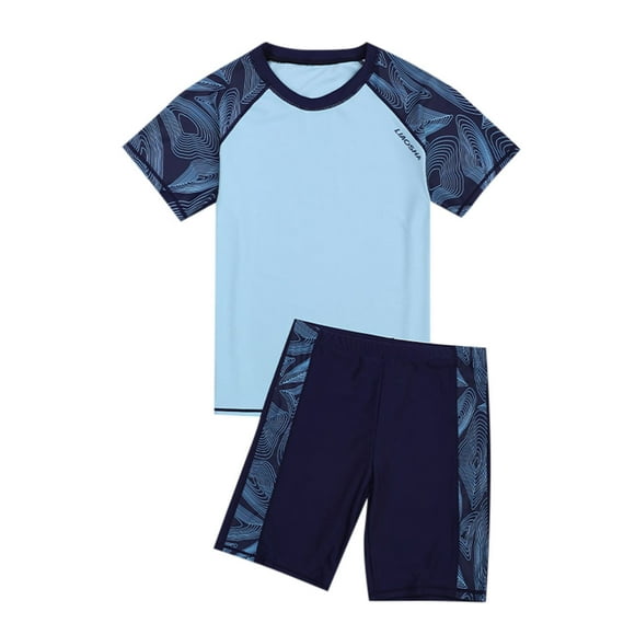 B91xZ Maillot de Bain Garçon Maillot Dermoprotecteur à Manches Courtes et Short de Bain Ensemble 2 Pcs, Bleu 14-16 Ans