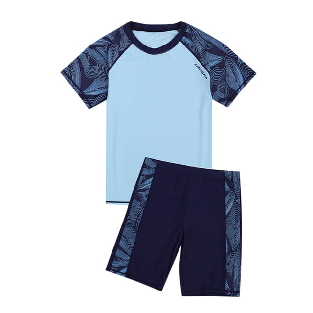 B91xZ Boys Swimsuit Short Sleeve Rashguard and Swim Trunks 2 Piece Set,Blue 14-16 Years