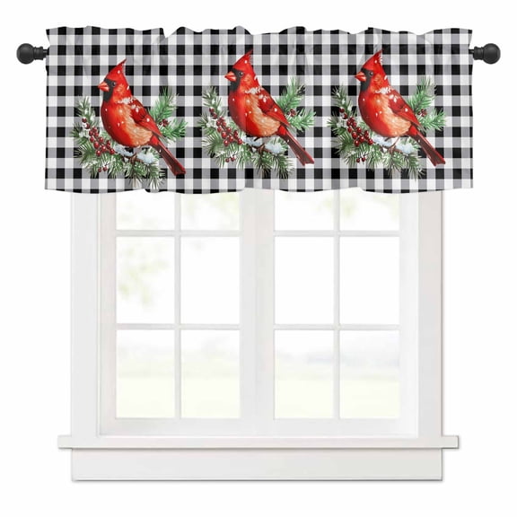 Christmas Red Bird Valances for Windows Winter Berries Black White Plaid Xmas Rod Pocket Curtain Valance Window Treatment Short Curtains for Kitchen Living Room, 60"x14"