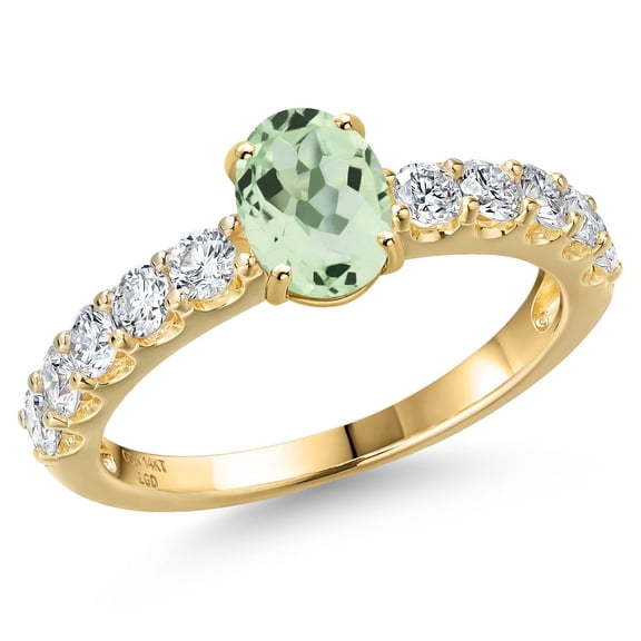 Gem Stone King 14K Yellow Gold Green Prasiolite and Lab Grown Diamond Engagement Ring for Women | 1.40 Cttw | Oval 7X5MM | Gemstone Birthstone | Size 8