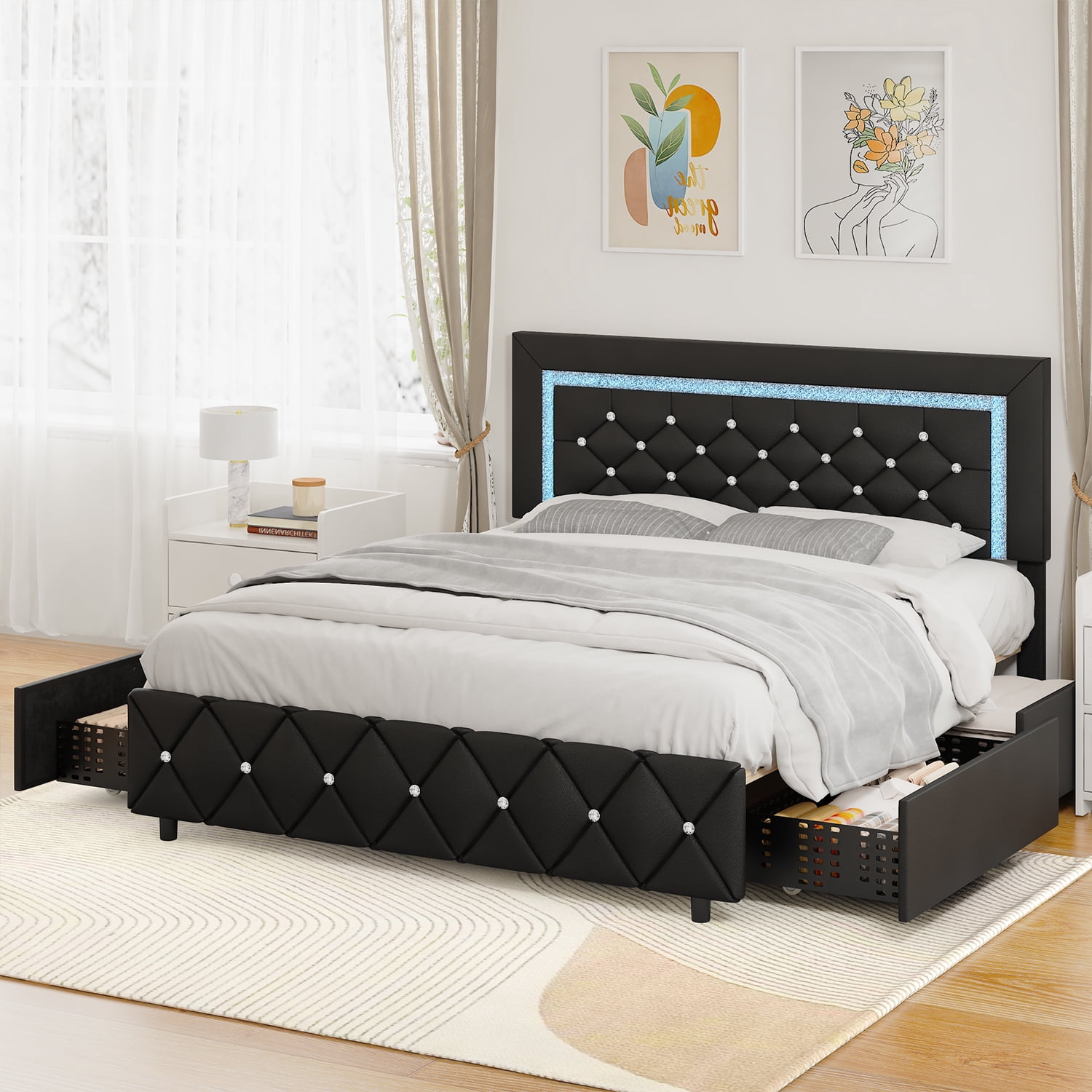 4 EVER WINNER Full Size LED Bed Frame with 4 Drawers, Black Full Bed Frame with LED Light Headboard, Modern Upholstered Bed with Diamond Headboard and Footboard, Black