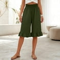 thumbnail image 4 of Cotton Linen Pants Women Summer Casual Pull on Wide Leg Drawstring Elastic Waist Petite Ruffle Hem Capri Pants with Pockets Army Green 3XL, 4 of 7