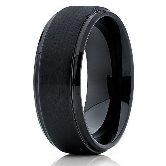 Silly Kings 8mm Black Tungsten Carbide Wedding Ring Flat Brushed Center with High Polish Stepped Edge 10.5