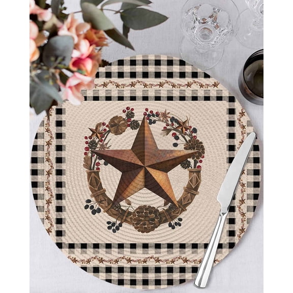 13 Inch Round Placemats Set of 4, Western Texas Star Vintage Non Slip Heat Insulation PP Table Mats, Rustic Wreath Black Beige Plaid Washable Place Mats for Kitchen Dining Party Table Decor