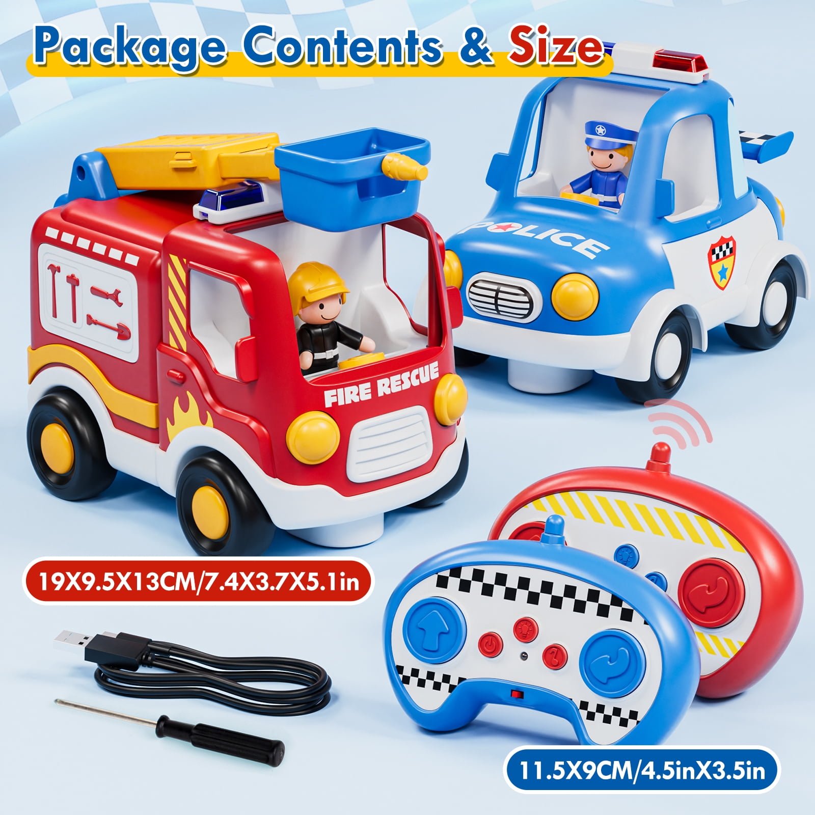 Toys for 2 Year Old Boys Toys, 2 Rechargeable Remote Control Car for Toddler, Kids Toys Age 2 3 4 5, Police Car and Fire Car with LED Lights & Music, Gifts for Toddler Boys 18+ Months