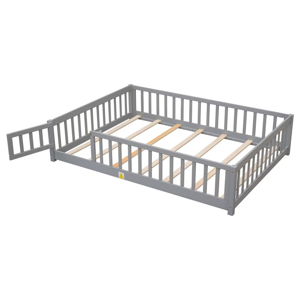 Full Size Floor Bed Frame for Kids Toddlers, Wooden Montessori Bed with 7 Wood Slats, Fence-Shaped Guardrails and Door for Boys Girls Bedroom Playroom, No Box Spring Needed, Gray