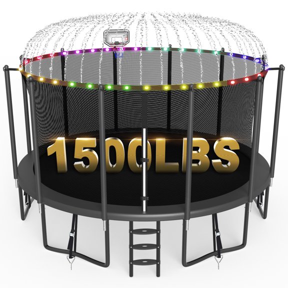 XMIKA 15FT 16FT Trampolines for 8-9 Kids Adults, 1500LBS Trampoline with Enclosure Net, Basketball Hoop, Ladder, Lights and Sprinklers, Outdoor Round Recreational Trampolines, Easy to Install
