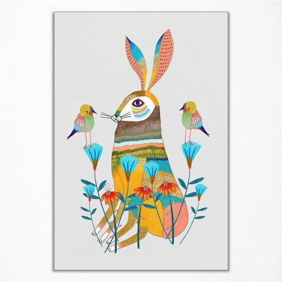 Rabbit Canvas Picture Lovely Rabbit Art Poster Cute Rabbit Birds and Blue Flowers Colorful Bunny Painting for Girls Bedroom Playroom 8x12 Unframed