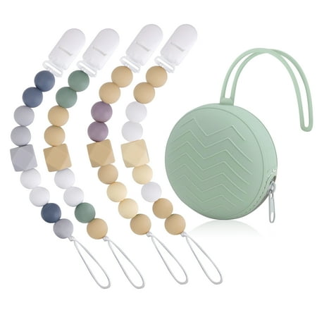 STONCEL 5 Pcs Pacifier Clip Set 4pcs Neutral Pacifier Clips Silicone Pacifier Clip Holder for Baby Boys Girls with 1pc Portable Silicone Pacifier Case (Green)