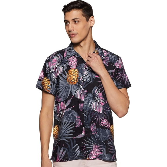 Stylore Hawaiian Shirts for Men Relaxed-Fit Pineapple Tropical Black Pink Medium