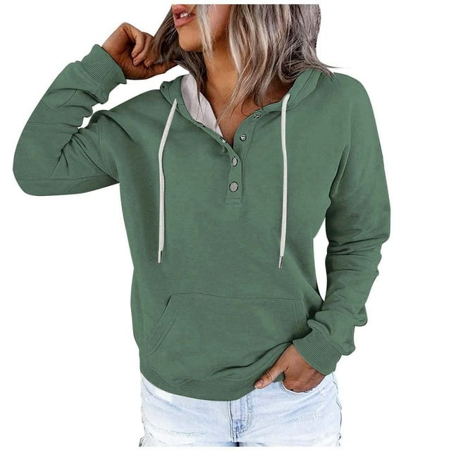 WEAIXIMIUNG Chandails en Molleton Graphiques pour Femmes Grande Taille Automne et Hiver Style de Rue à la Mode Couleur Unie Col à Boutons Poche Cordon de Serrage Chandail à Capuchon de Sport Décontracté