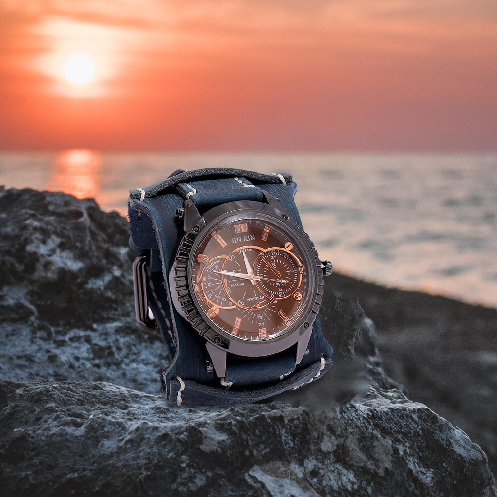 Runquan Men Wrist Watch Cuff Watch Round Dial Roman Numerals Leather Bracelet Watch Male Blue