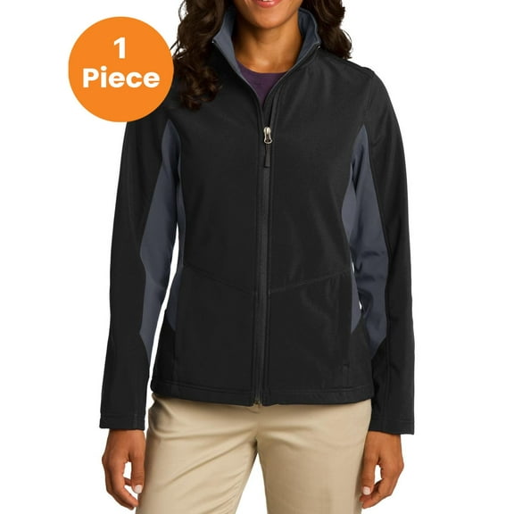 Port Authority L318 Ladies Core Colorblock Soft Shell Jacket , Black/ Battleship Grey, XS, Womens Fleece Jackets