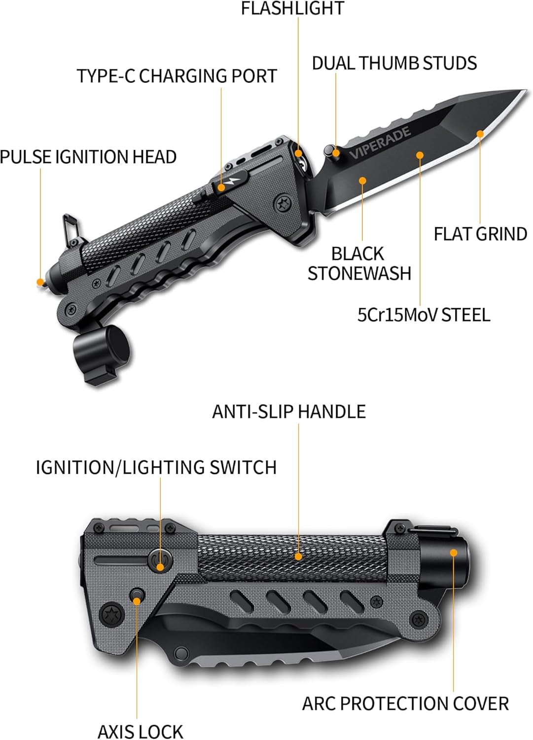 VIPERADE VAK6 Multitool with Folding Knife, LED Flashlight, Pulse Ignition and Hand Crank Generator, Pocket Knife for men, Rechargeable Flashlight with Belt Sheath (Green)
