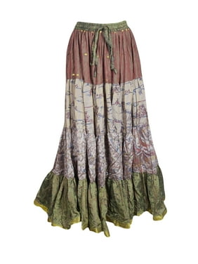 Mogul Women Gray Green Floral Print Maxi Skirt Gypsy Hippie Chic Summer Full Flare Maxi Skirts M/L