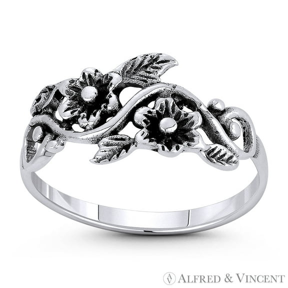 Wild Flower, Leaf, & Vine Charm Right-Hand Boho Ring / Stackable Band in Oxidized .925 Sterling Silver