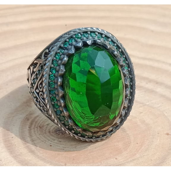 Ottoman Turkish Green Quartz Men's Ring 925 Sterling Silver Handmade Jewelry Size 11