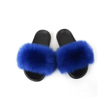 

FAIZE 2024 Women Fuzzy Slippers Color Block Fluffy Slides Furry Slipper Breathable Shoe Outdoor Lightweight Faux Home Shoes Royal Blue