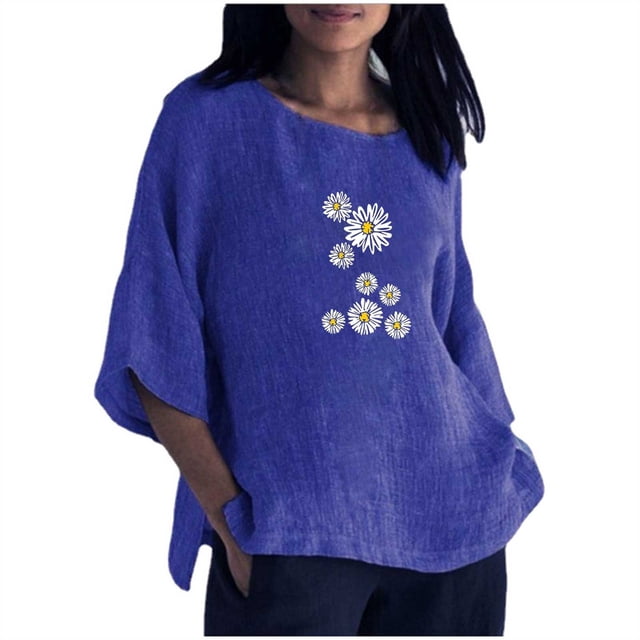 Hauts d'Été pour Femmes 2023 Mode Femmes Été Imprimé Trois Quarts Manches Courtes Col Rond Régulier T-Shirt Bohème Grande Taille pour Femmes