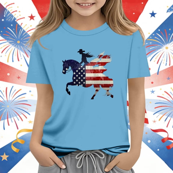 ATOGUTA Shirts for Girls Kids Flag Tshirt Patriotic Top Independence Day Outfit Blue, Size 3T-14