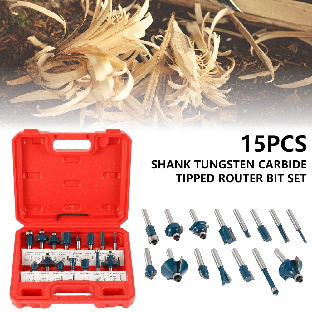 15 Piece 1/4 Tungsten Carbide Router Bit Set and Organizing Case & Hex Chuck Wrench