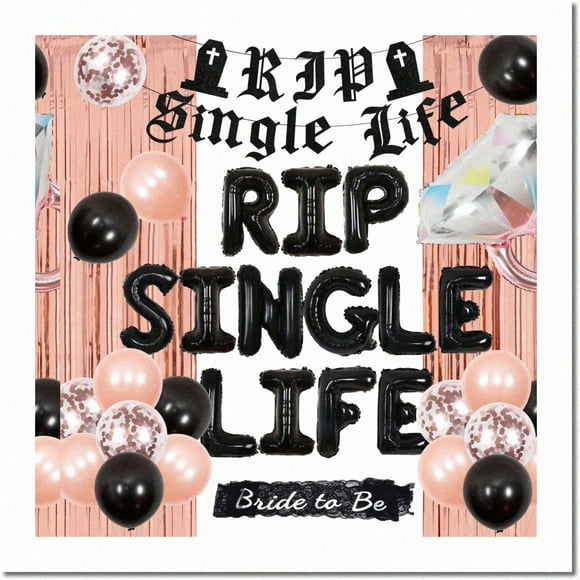 Gothic Rose Gold Rip Single Life Bachelorette Party Kit - Diamond Ring Balloon, Bride to Be Sash, Gothic Rip Single Life Banner & Decorations for Bridal Shower.