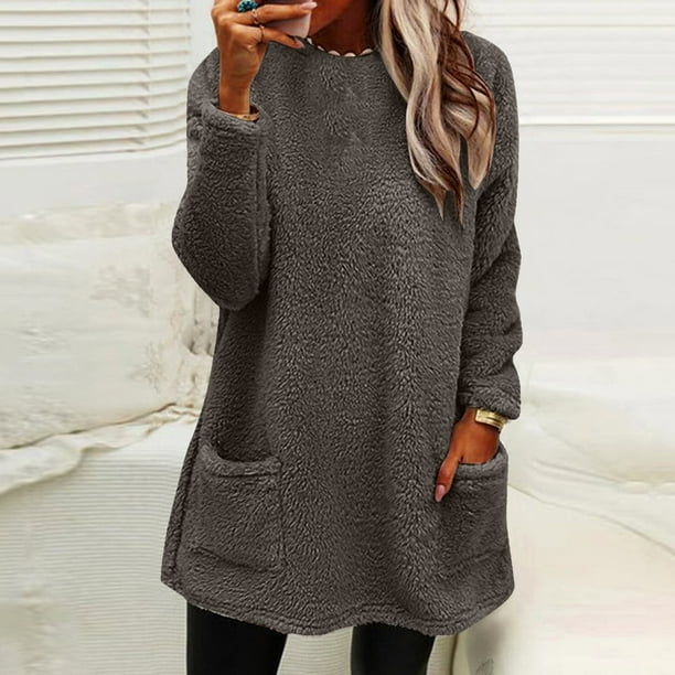 Pntutb Blusa de manga larga cálida con bolsillo sólido suelto para otoño e invierno con cuello redondo para mujer Pntutb Pntutb-6955