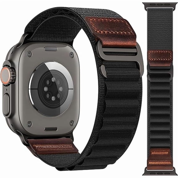 Alpine Loop with Leather Design Compatible with Apple Watch Bands Ultra 3 2 1 (49mm) & Series 11 10 9 8 7 6 5 4 SE 3 2 1 (46mm 45mm 44mm), Soft Stretchy Nylon Sport Band for iWatch Men Women