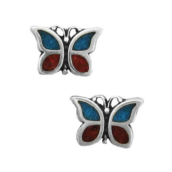Solid .925 Sterling Silver Inlaid Coral and Turquoise Butterfly Earrings with Hypoallergenic Posts and Backs - Item #4413