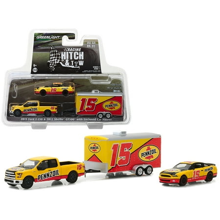 Shelby Gt500 Fastback - 2015 Ford F-150 and 2012 Shelby GT500 Pennzoil with Enclosed Car Hauler 1/64 Diecast Models by Greenlight