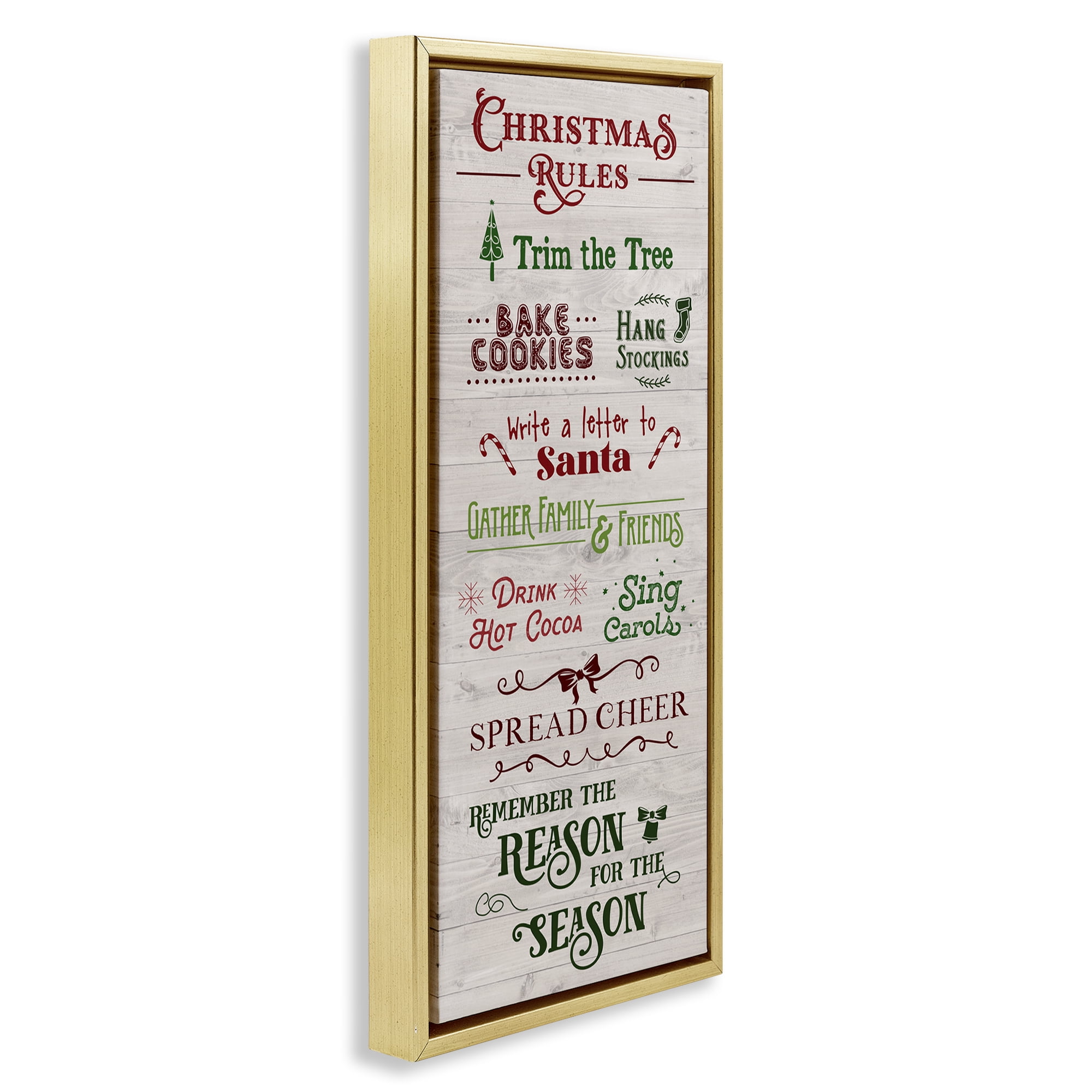 Stupell Industries Rustic Christmas Rules Holiday Painting Gold Floater Framed Canvas Art Prints Wall Art, 15 x 31