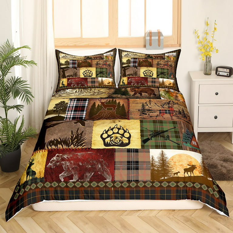 Rustic Cabin Lodge Bedding Set Patchwork Duck Bear Deer Moose Comforter  Cover Twin For Adults Men Retro Farmhouse Buffalo Plaid Duvet Cover Hunting
