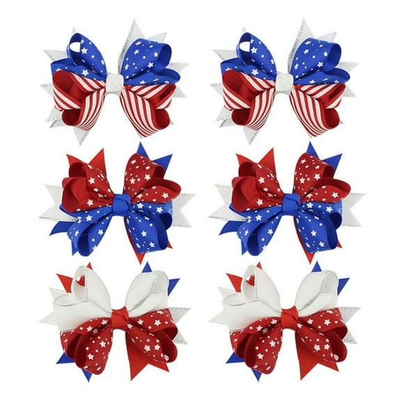12pcs Independence Day Star Flag Pattern Ribbon Children Hairpin Hair Accessories Bow Hairpin for Girls (Assorted Color)