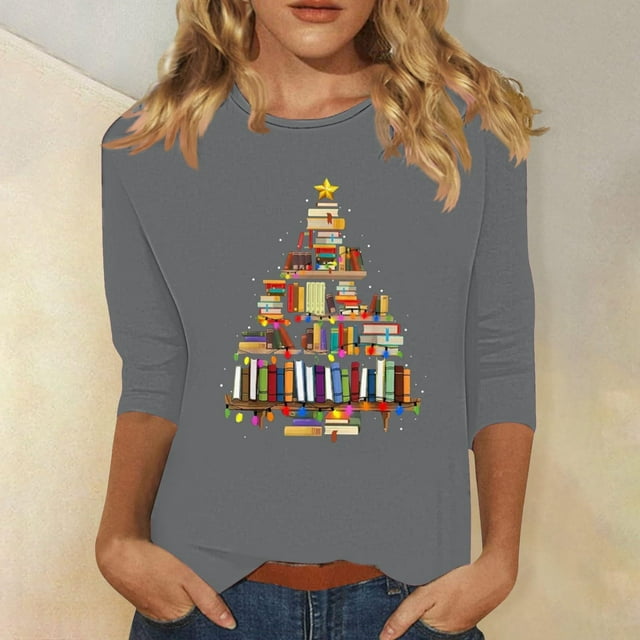 Meichang T-Shirts de Noël pour Femmes, Col Rond, Manches 3/4, Coupe Ample, Pull de Noël Classique, Joyeux Noël, Graphique