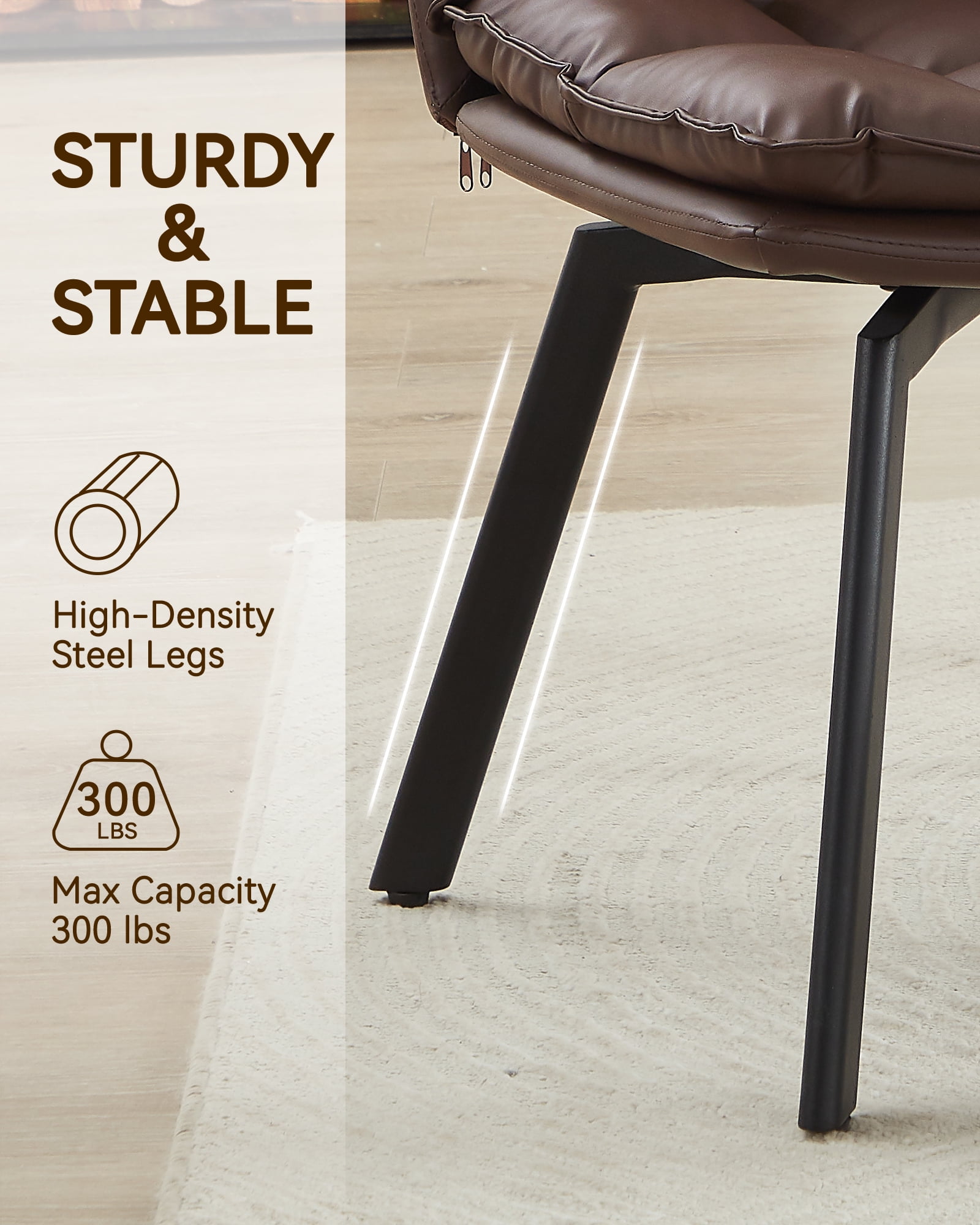 Sailvan Upholstered Dining Chairs Set of 2,  Modern Swivel  Kitchen Chairs with Backrest and Metal Legs, Double Layer Foam Dinner Table Chair for Living Room, Brown