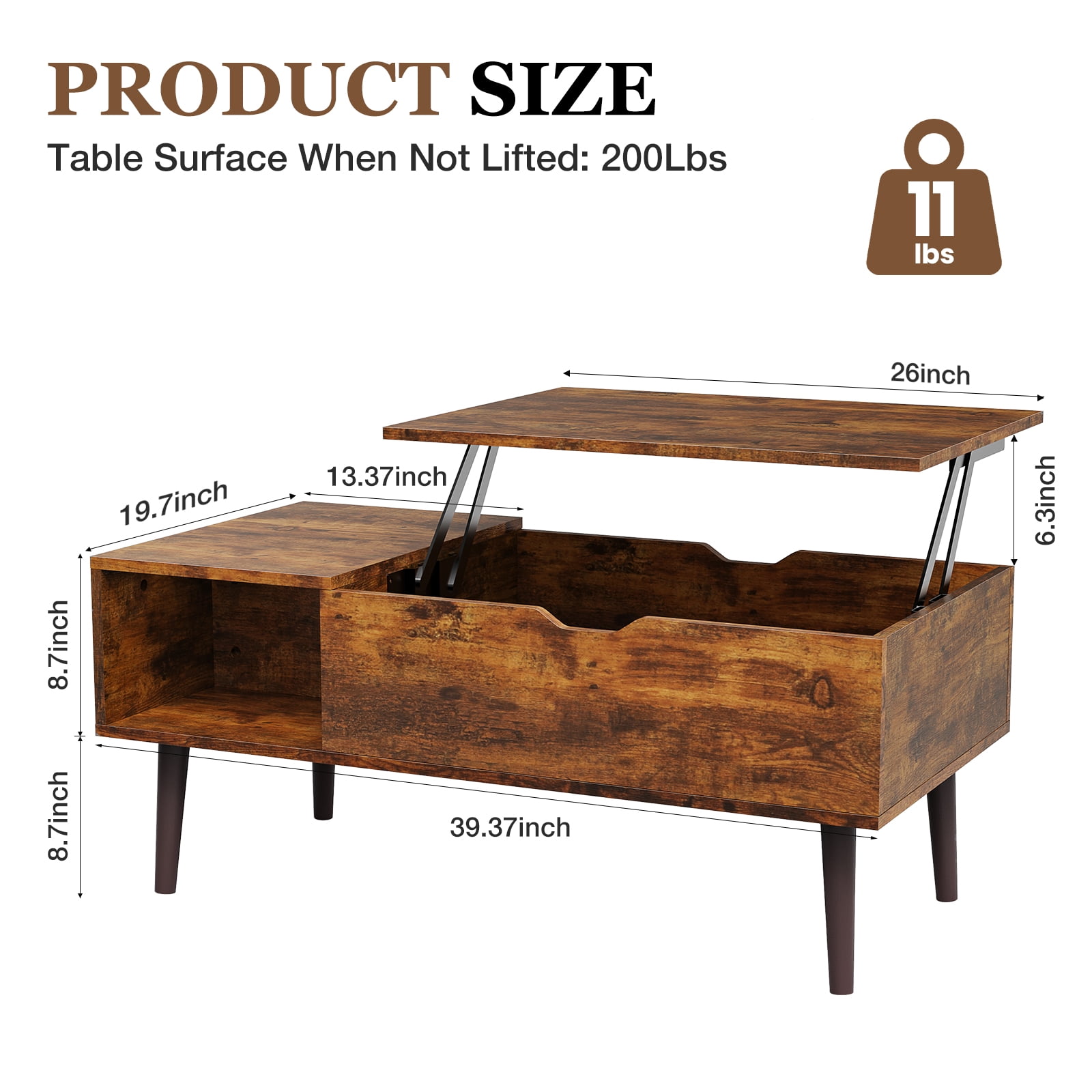 CONCETTA Modern Lift-Top Coffee Table for Living Room - Adjustable Height Convertible Center Table with Storage, Espresso Finish, Rust