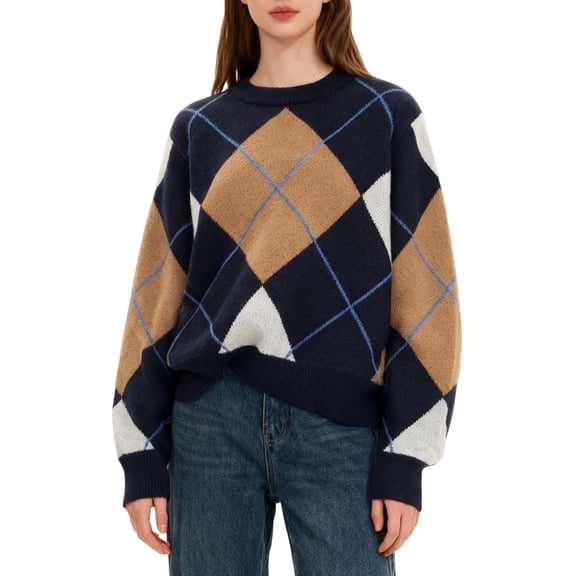 Sweater for Women Diamond Grid Vintage Patchwork Knitted Long Sleeve Lightweight Sweaters Khaki