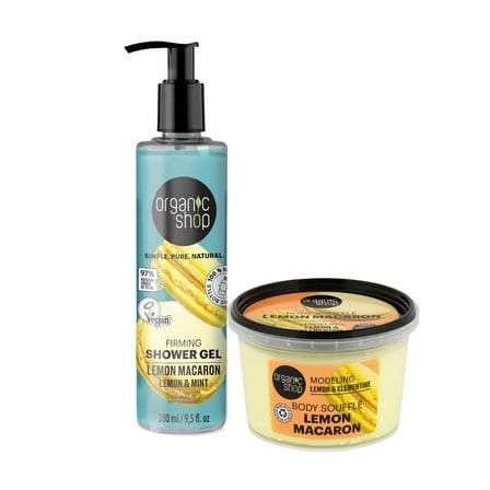 Organic Shop Lemon Macaron Sense Boosting Body Cream & Shower Gel, 100% Vegan & Organic, Daily Moisturizer & Deep Nourishing Body Mousse, Hydrating Natural Lotion, Intensive Care & Skin Toning.