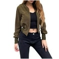 thumbnail image 2 of Womens Cropped Bomber Jacket Zip Up Varsity Jackets Shackets with Pockets Brown M, 2 of 7