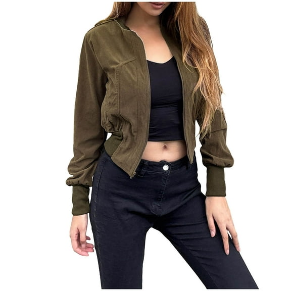 Giftesty Women's Waist Cinched Solid Stand Collar Long Sleeve Vintage Utility Casual Jacket