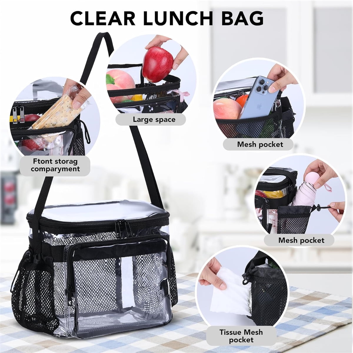 Tutuviw Clear Double-Decker Lunch Bag, Extra Large Clear Tote Bag for Men and Women, Stadium Bags, Plastic Transparent Food Lunch Box Containers for Work, Picnic (11 in)