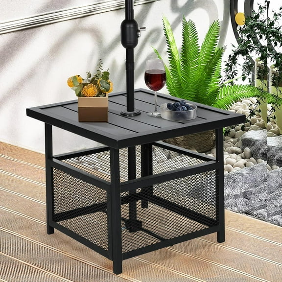 ZALIX Patio Side Table with 1.57" Umbrella Hole, Square Outdoor Patio Bistro Table with Outdoor Iron Umbrella Base Stand- Black